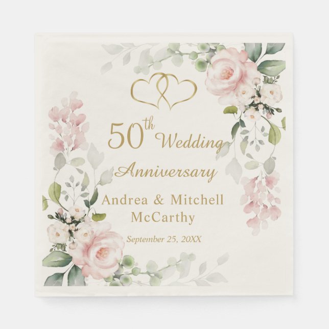 Servilleta De Papel Rosas Foliage Hearts 50th Boda Aniversario (Anverso)