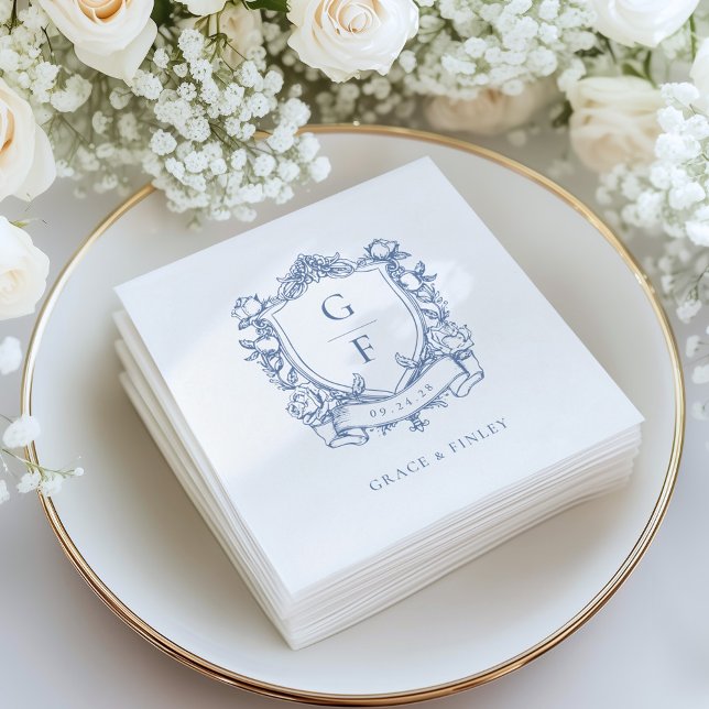 Servilleta De Papel Rosas Francesas Elegantes Cresta de Monograma Azul (Subido por el creador)