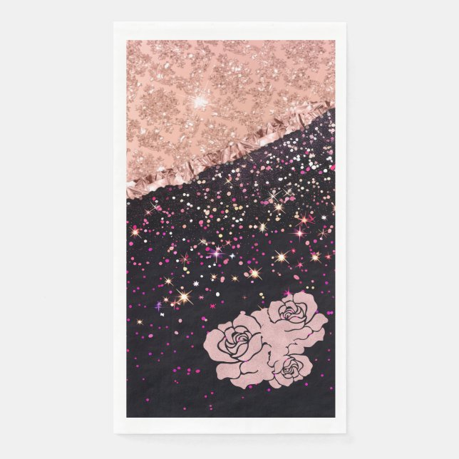 Servilleta De Papel Rosas Glam Black Glitter Blush (Anverso)