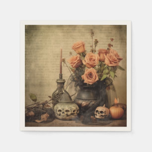 Servilleta De Papel Rosas Macabras Vintage Calaveras Sepia