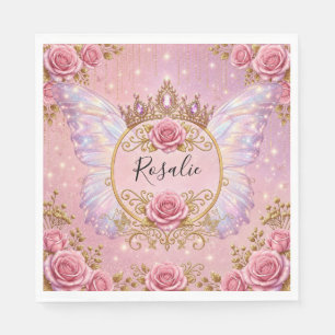 Servilleta De Papel Rosas Mariposa Hada Princesa Floral Rosa y Dorado