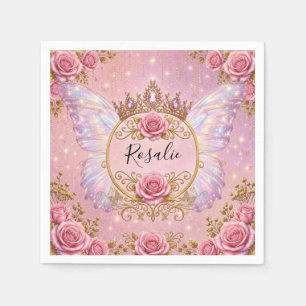 Servilleta De Papel Rosas Mariposa Hadas Princesa Floral Rosa y Dorado