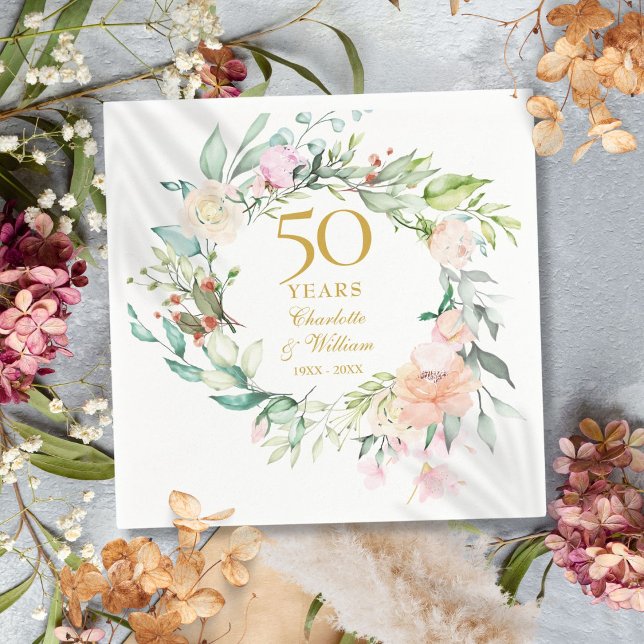 Servilleta De Papel Rosas modernos Garland Floral 50 Aniversario (Modern Roses Garland Floral 50th Anniversary Napkins)