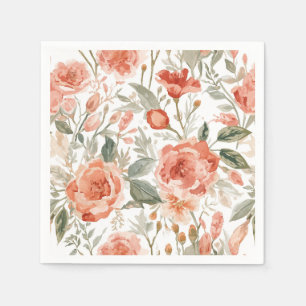 Servilleta De Papel Rosas Naranjas Botánico Acuarela Coral Floral