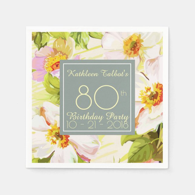 Servilleta De Papel Rosas Peonies 80th Birthday Party Paper (Anverso)
