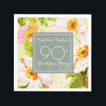 Servilleta De Papel Rosas Peonies 90th Birthday Party Paper<br><div class="desc">Patrón floral clásico de antiguos rosas silvestres y peonías sobre fondo bistre. Gráficos vintage muy elegantes con textos en una forma cuadrada gris pastel en la servilleta de papel de la fiesta de cumpleaños 90 del personalizable. Puede cambiar fácilmente texto (fuente, tamaño, color y posición), diseño y forma (tamaño y...</div>