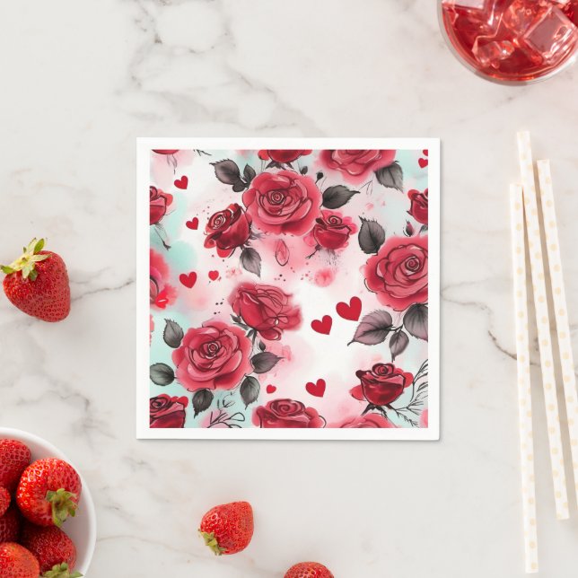 Servilleta De Papel Rosas rojas con corazón rojo romántico (In situ)