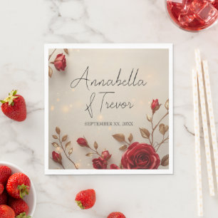 Servilleta De Papel Rosas Rojas Encantadas y Luces Boda Romántica