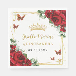 Servilleta De Papel Rosas Rojas Florales Mariposas Doradas Quinceañera