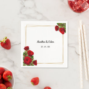 Servilleta De Papel Rosas Rojas Marco Dorado Boda Española Elegante
