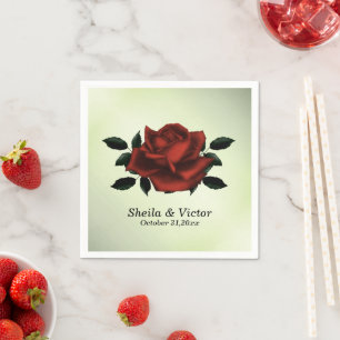 Servilleta De Papel Rosas Rojas Nombres Góticos Fecha Boda Verde Napki