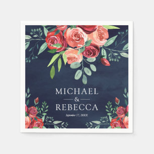 Servilleta De Papel Rosas Rojas Ramo Floral Boda Azul Marino