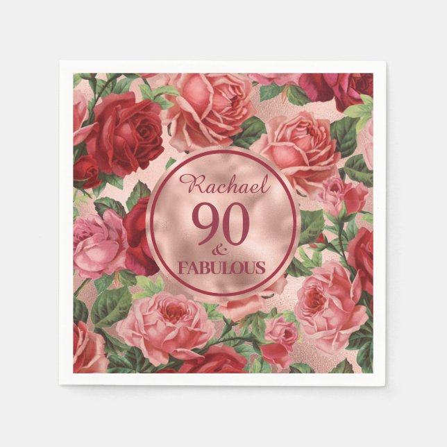 Servilleta De Papel Rosas rojas rosadas 90 y fabuloso cumpleaños (Anverso)
