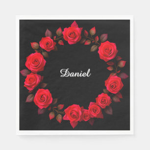 Servilleta De Papel Rosas Rojas sobre Decoración de Mesa Floral Negra 