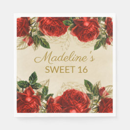 Servilleta De Papel Rosas Rojas Vintage Cumpleaños Dulces 16