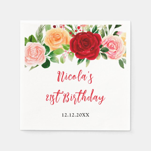 Servilleta De Papel Rosas Románticas Cumpleaños Floral (Anverso)
