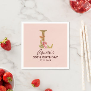 Servilleta De Papel Rosas rosadas con monograma de letra L dorada