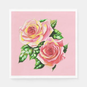 Servilleta De Papel Rosas rosadas de coral con hojas verdes de jade