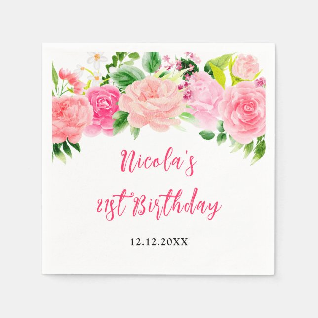 Servilleta De Papel Rosas Rosadas Florales Cumpleaños (Anverso)