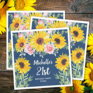 Servilleta De Papel Rosas rosadas Girasoles Azules Navy cumpleaños 21 