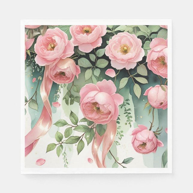 Servilleta De Papel Rosas rosadas y cintas (Anverso)