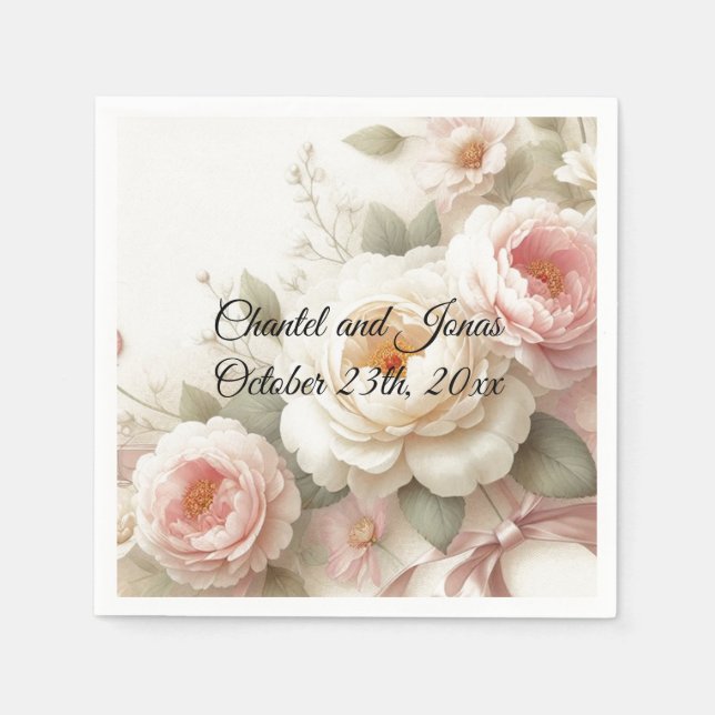 Servilleta De Papel Rosas rosados y crema Peony Boda Napkins de papel (Anverso)