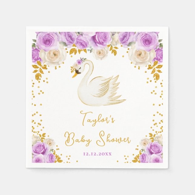 Servilleta De Papel Rosas Swan Purple y Gold Baby Shower (Anverso)