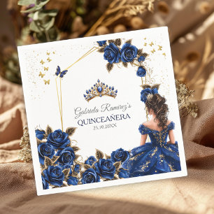 Servilleta De Papel Rosas Tiara Dorada Azul Marino Quinceañera