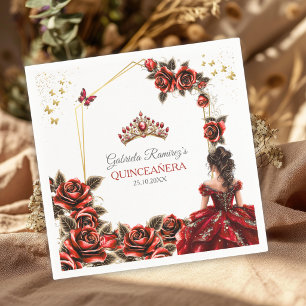 Servilleta De Papel Rosas Tiara Dorada Roja Quinceañera