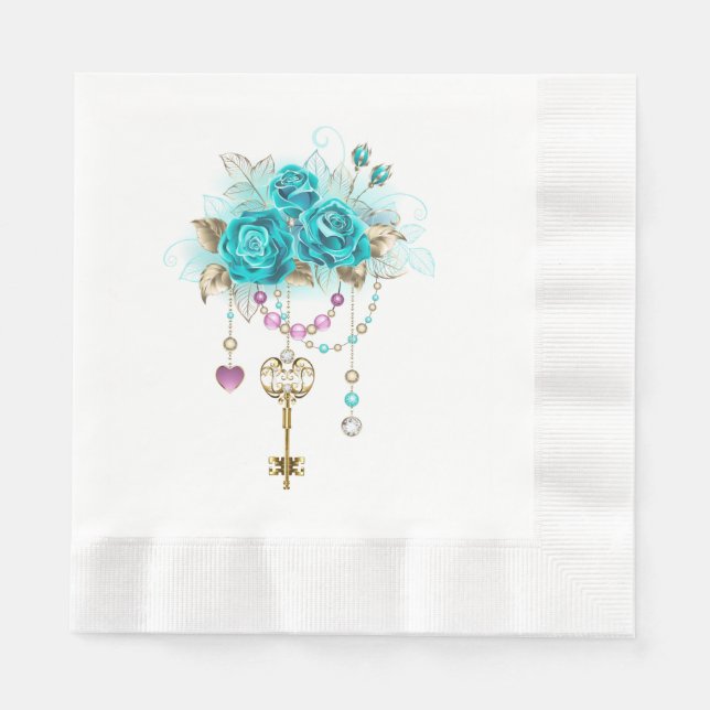 Servilleta De Papel Rosas turquesas con llaves (Anverso)