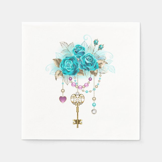 Servilleta De Papel Rosas turquesas con llaves (Anverso)