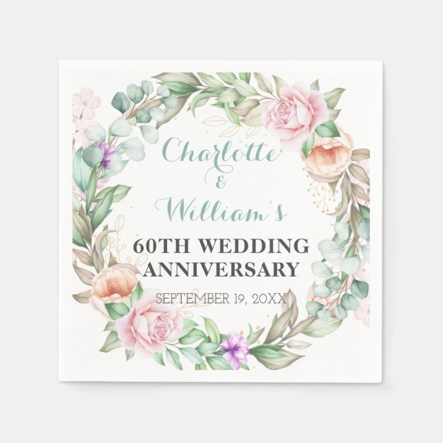 Servilleta De Papel Rosas Verdor 60° aniversario de Boda de diamantes (Anverso)