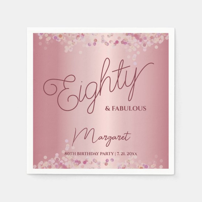 Servilleta De Papel Rose Gold 80th Birthday Party  (Anverso)