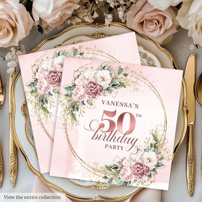 Servilleta De Papel Rose Gold Blush Floral 50th Birthday Party Napkins (Rose gold floral 50th birthday,
dusty pink blush gold glitter,
opulent Soft pastel   pink flowers, 
)