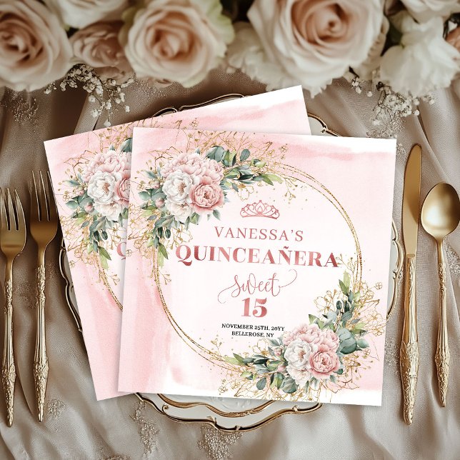 Servilleta De Papel Rose Gold Blush Floral Greenery Napkin Mis Quince (Rose Gold Blush Floral Greenery Napkin for Mis Quince)