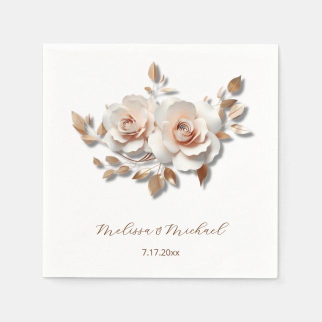 Servilleta De Papel Rose Gold Blush Pink 3D Roses Your Names Wedding (Anverso)
