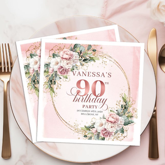 Servilleta De Papel Rose Gold Bohemian Greenery 90th Birthday Party  (Rose Gold Bohemian Greenery 90th Birthday Party Napkins)
