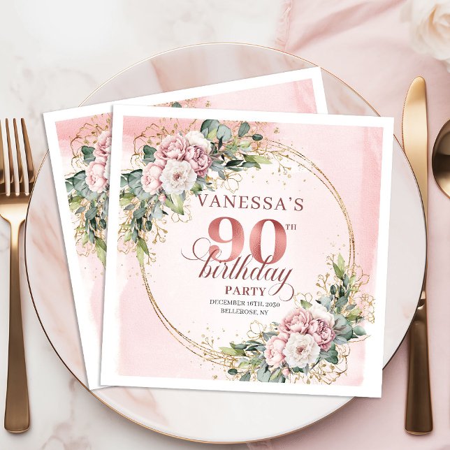 Servilleta De Papel Rose Gold Dusty Pink Boho Floral 90th Birthday  (Rose Gold Dusty Pink Boho Floral 90th Birthday Napkins)