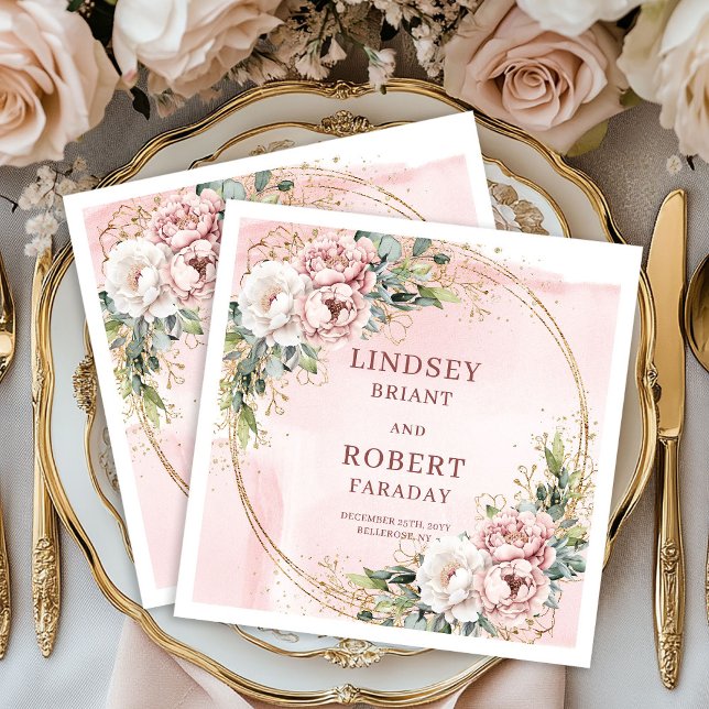 Servilleta De Papel Rose Gold Floral Gold Glitter Greenery Wedding  (Rose Gold Floral Gold Glitter Greenery Wedding Napkins)