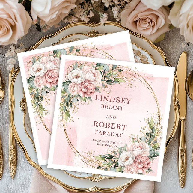 Servilleta De Papel Rose Gold Wedding Floral Greenery Gold Glitter  (Rose Gold Wedding Floral Greenery Gold Glitter Napkins)