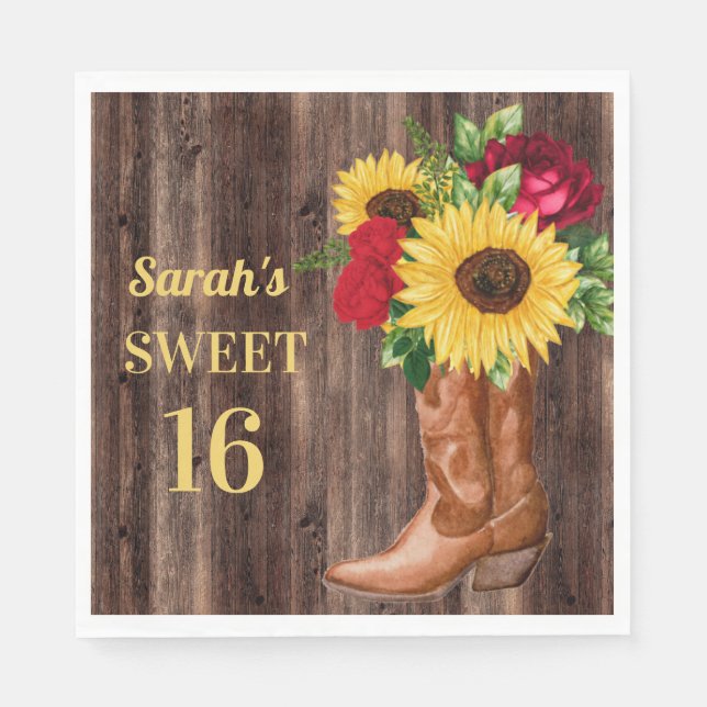 Servilleta De Papel Roses Rojas girasoles Cowboy Boots Sweet 16 (Anverso)