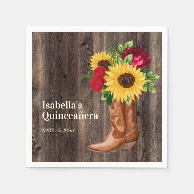Servilleta De Papel Roses Rojas girasoles Cowgirl Boots Quinceanera (Anverso)