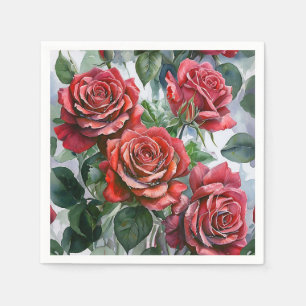 Servilleta De Papel Roses rojos acuarelas con hojas verdes