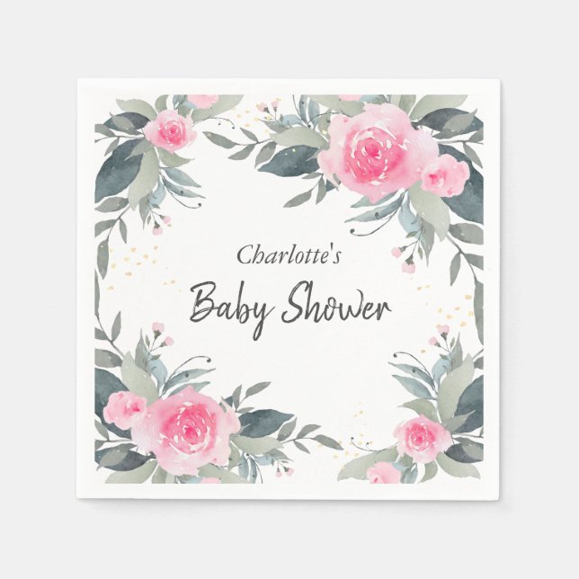Servilleta De Papel Roses rosados Acuarela Floral Baby Shower Napkins (Anverso)