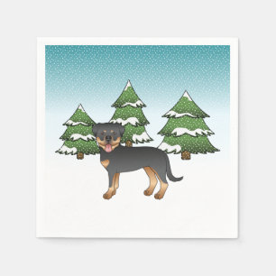 Servilleta De Papel Rottweiler negro y fuego en un bosque invernal