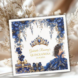 Servilleta De Papel Royal Azul Corona Dorada Floral Quinceañera