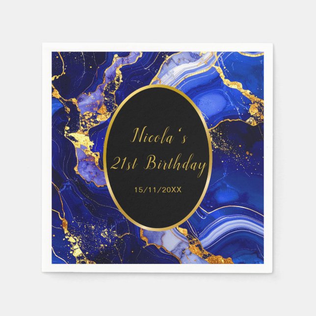 Servilleta De Papel Royal Blue and Gold Marble Agate Birthday Party (Anverso)