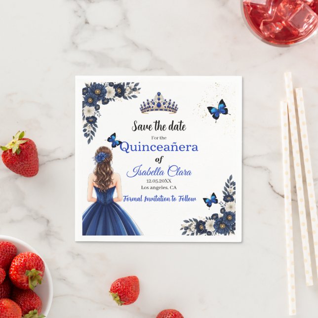 Servilleta De Papel Royal Blue Butterfly Quinceañera Save the Date (In situ)
