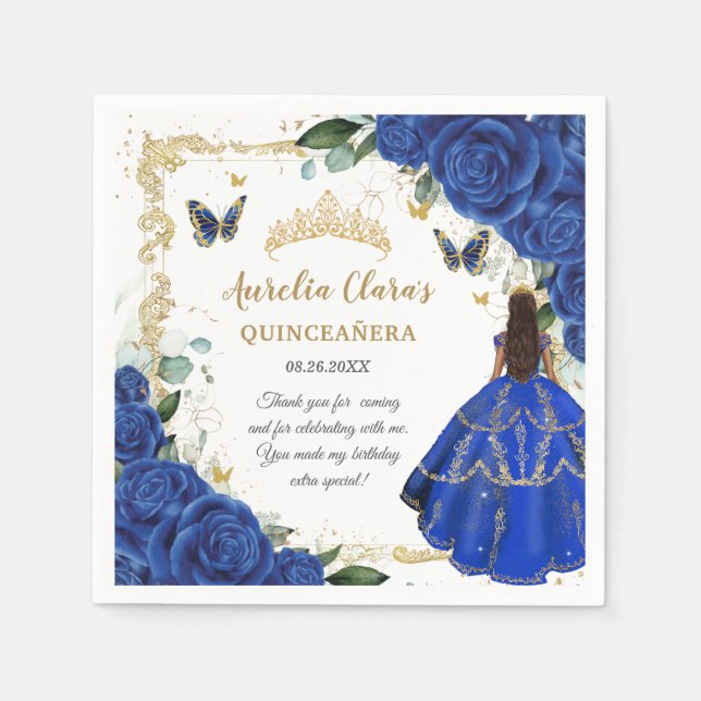 Servilleta De Papel Royal Blue Floral Princess Gold Quinceañera 15 (Anverso)