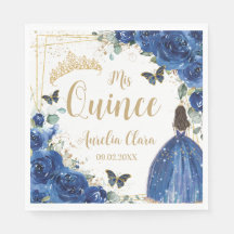 Royal Blue Floral Princess Gold Quinceañera 16 15